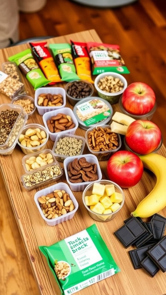 A variety of quick snacks including granola bars, nuts, fruits, and dark chocolate, ideal for delivery drivers.